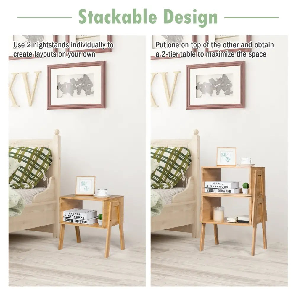 2 Pieces Bamboo Nightstand Sofa Table with Storage Shelf Costway