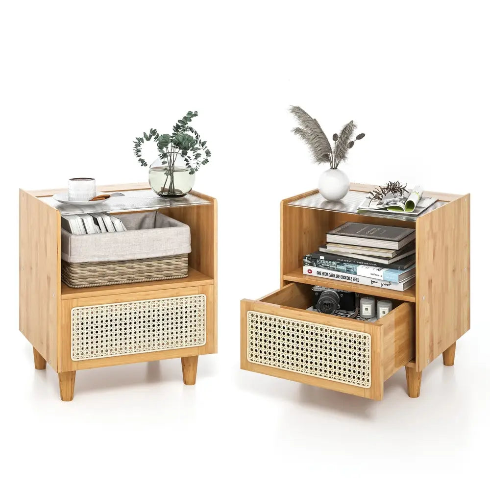 2 Pieces Bamboo Rattan Nightstand with Drawer and Solid Wood Legs-Natural Costway