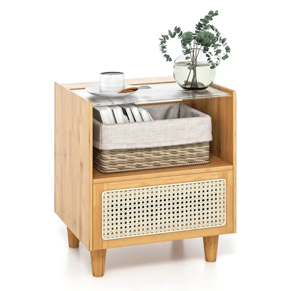 2 Pieces Bamboo Rattan Nightstand with Drawer and Solid Wood Legs-Natural Costway