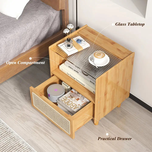 2 Pieces Bamboo Rattan Nightstand with Drawer and Solid Wood Legs-Natural - Natural - Nightstands