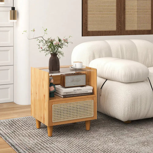 2 Pieces Bamboo Rattan Nightstand with Drawer and Solid Wood Legs-Natural - Natural - Nightstands