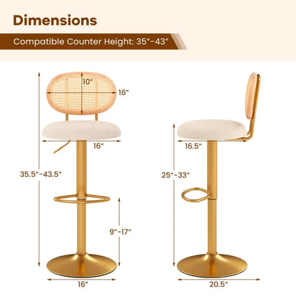 2 Pieces Bar Chairs with PE Rattan Backrest-360°Swivel and Height Adjustable Costway
