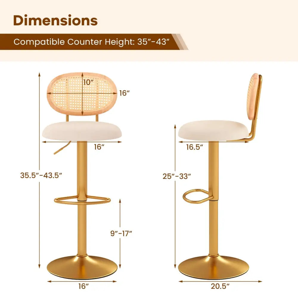 2 Pieces Bar Chairs with PE Rattan Backrest-360°Swivel and Height Adjustable Costway