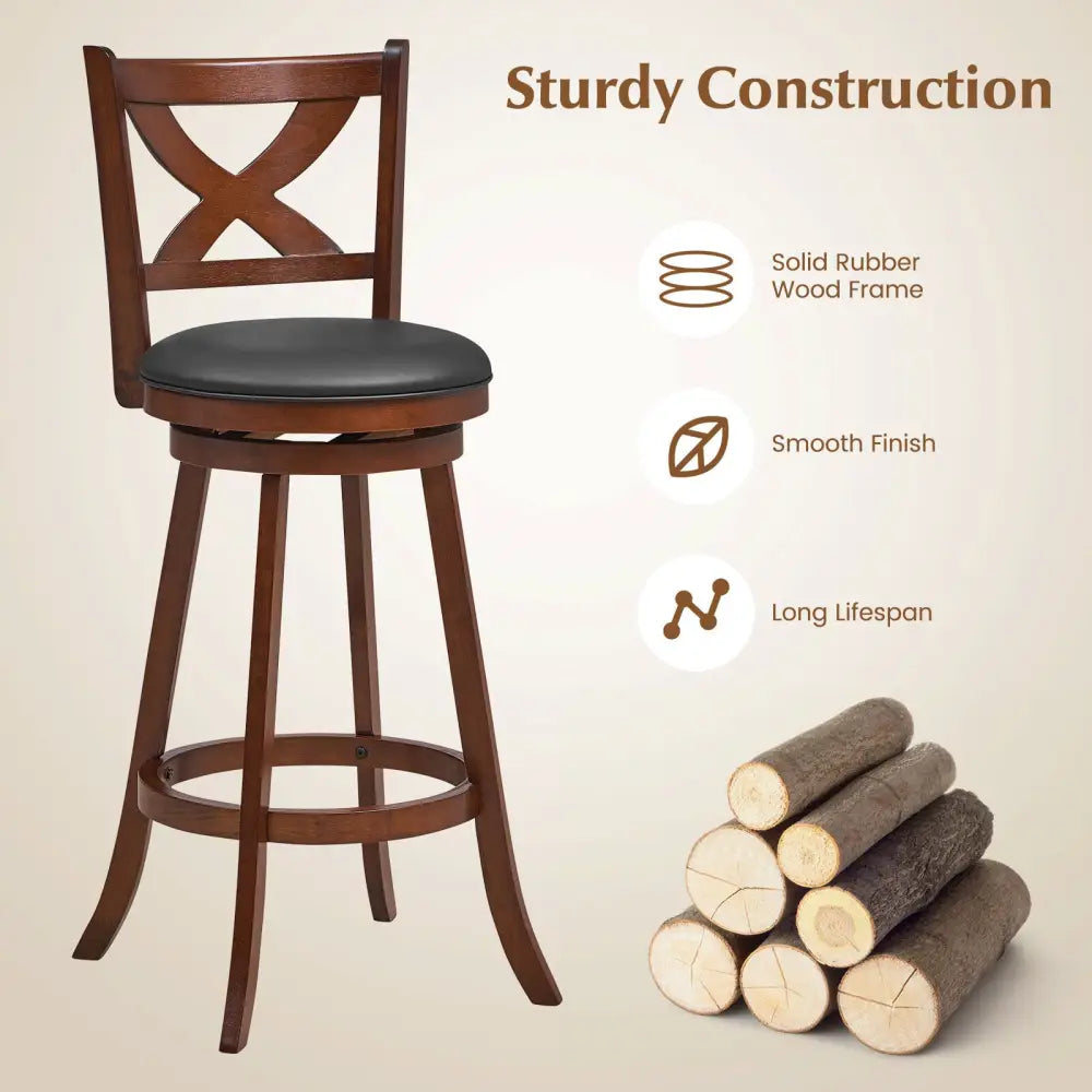 2 Pieces Classic Counter Height Swivel Bar Stool Set with X-shaped Open Back-L - Brown - Bar Stools