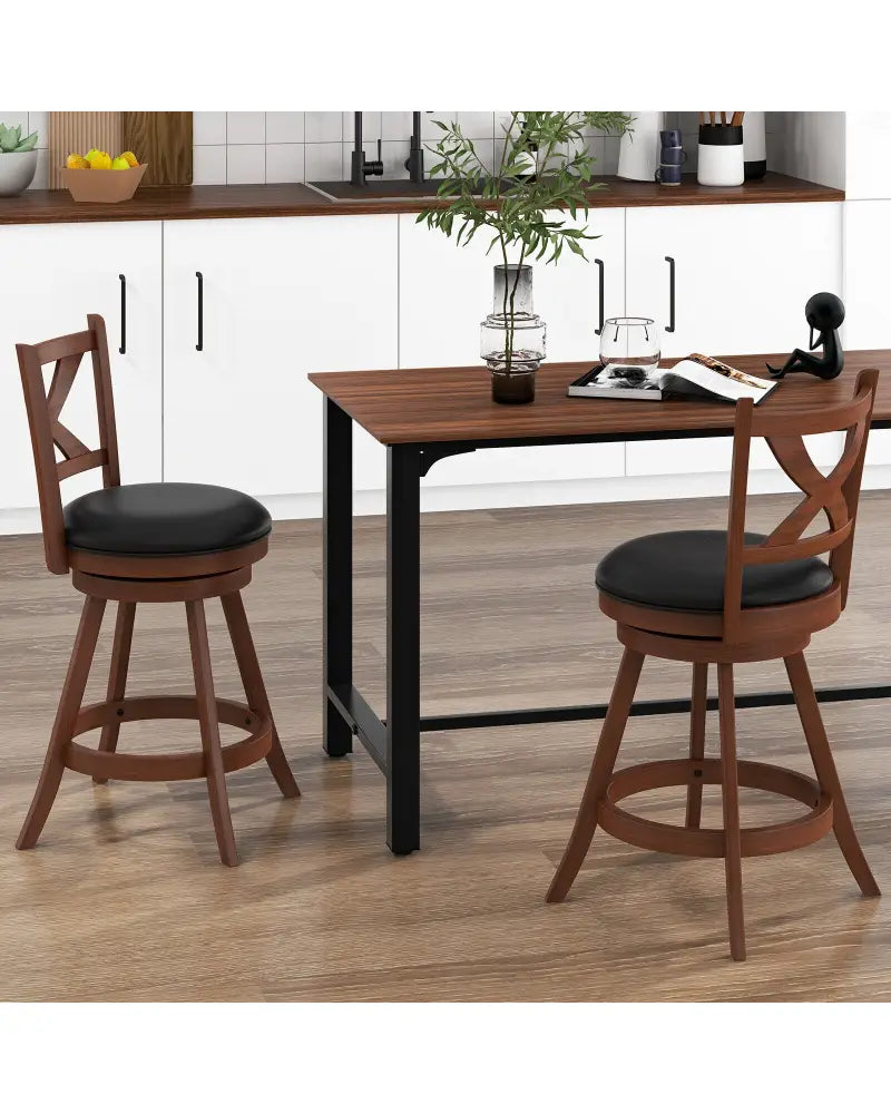 2 Pieces Classic Counter Height Swivel Bar Stool Set with X-shaped Open Back-M - Brown - Bar Stools