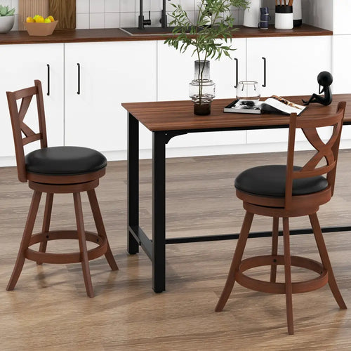 2 Pieces Classic Counter Height Swivel Bar Stool Set with X-shaped Open Back-M - Brown - Bar Stools