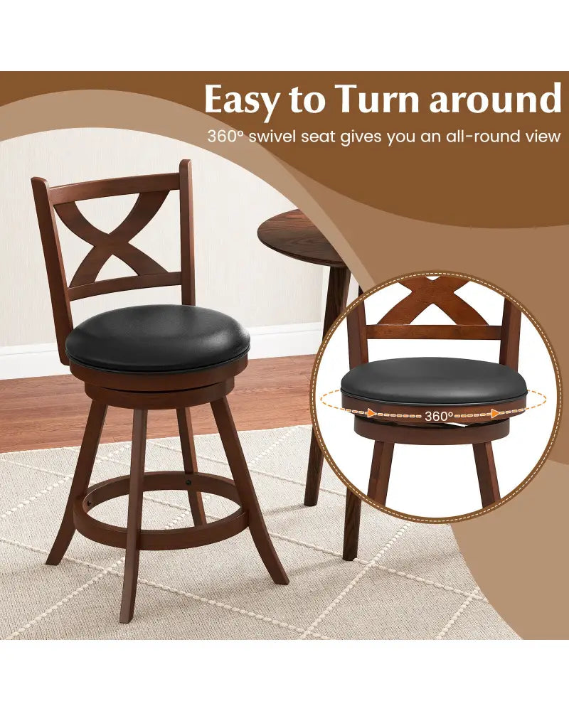 2 Pieces Classic Counter Height Swivel Bar Stool Set with X-shaped Open Back-M - Brown - Bar Stools