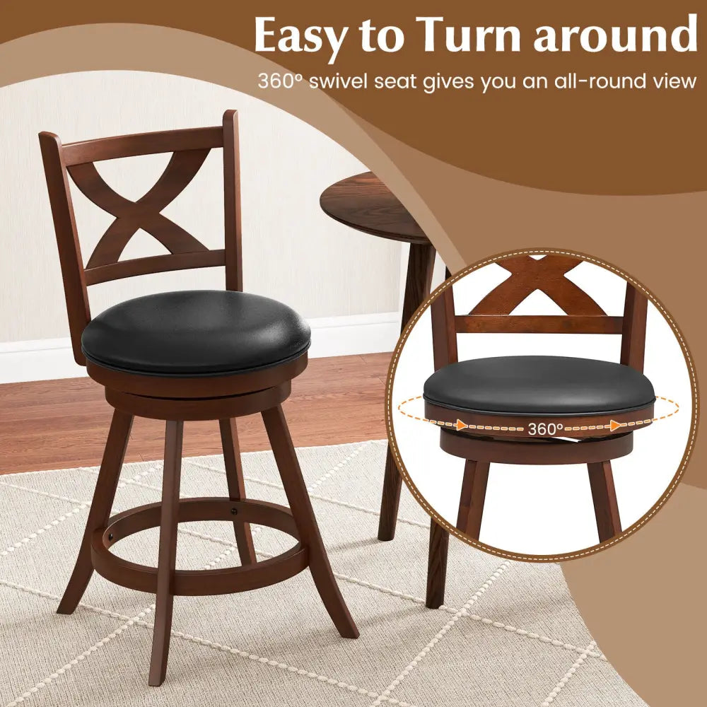 2 Pieces Classic Counter Height Swivel Bar Stool Set with X-shaped Open Back-M - Brown - Bar Stools
