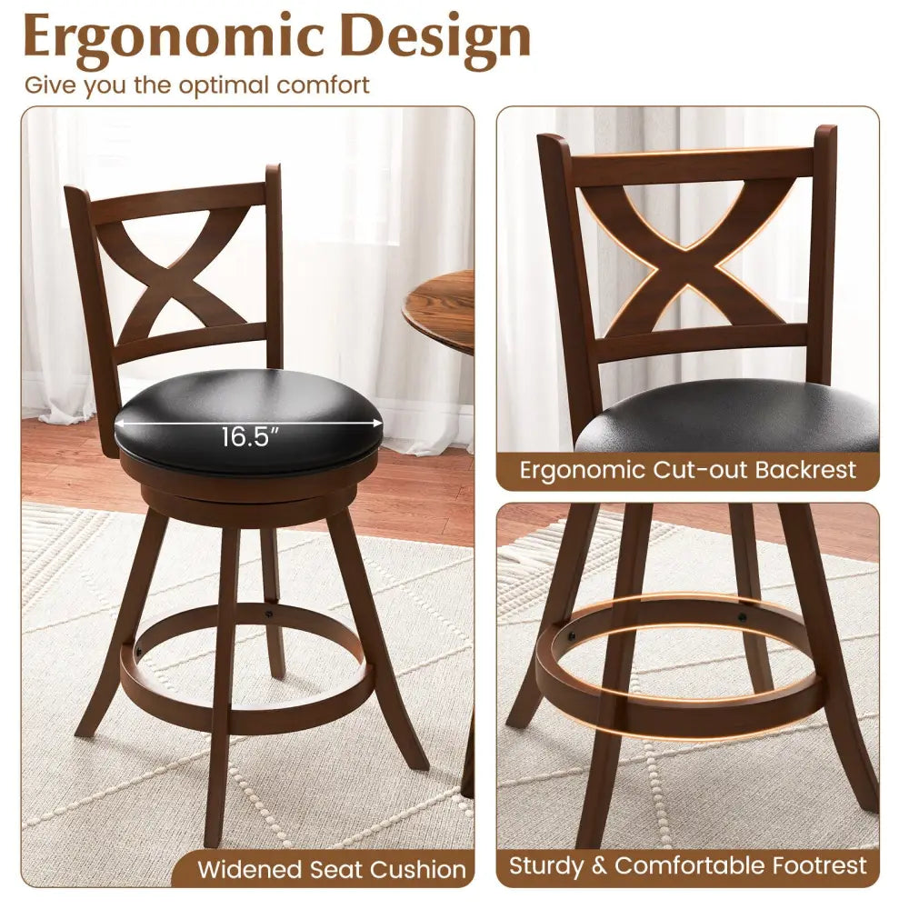 2 Pieces Classic Counter Height Swivel Bar Stool Set with X-shaped Open Back-M - Brown - Bar Stools