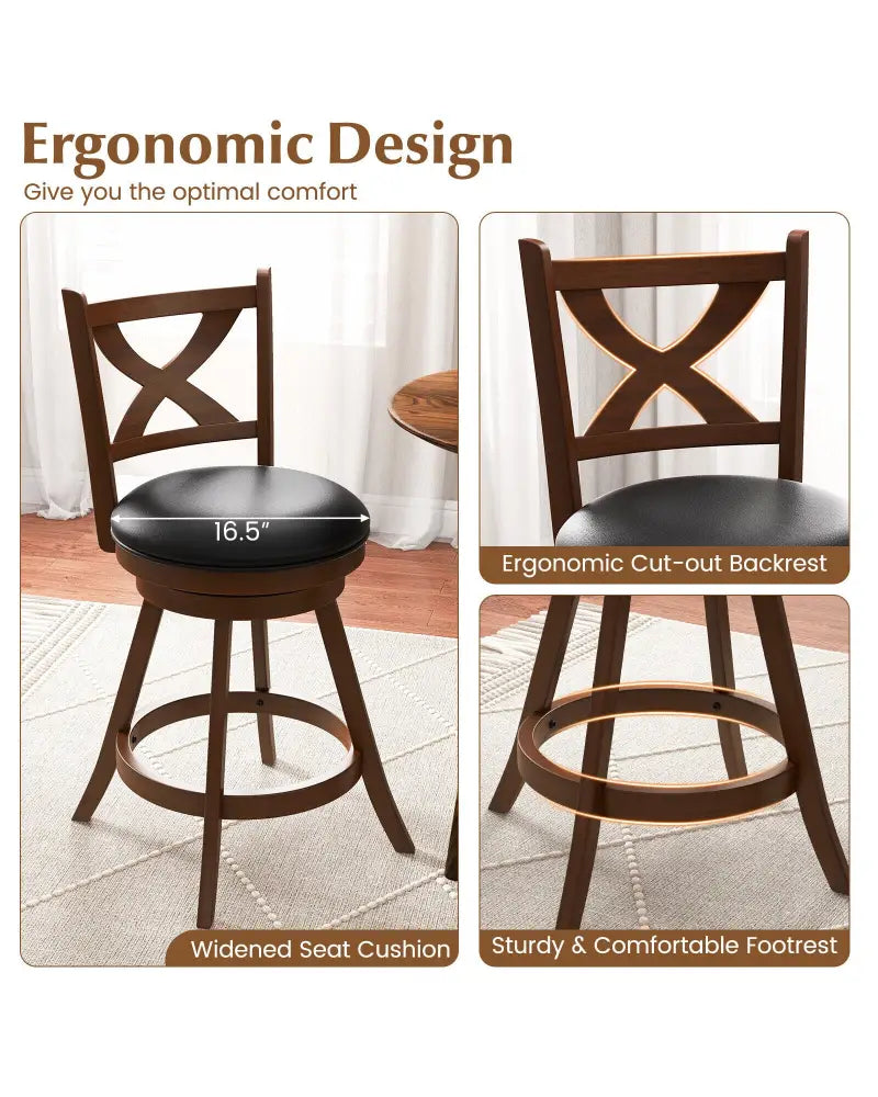 2 Pieces Classic Counter Height Swivel Bar Stool Set with X-shaped Open Back-M - Brown - Bar Stools