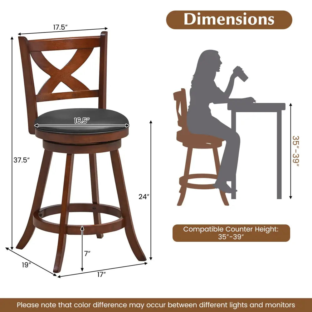 2 Pieces Classic Counter Height Swivel Bar Stool Set with X-shaped Open Back-M - Brown - Bar Stools