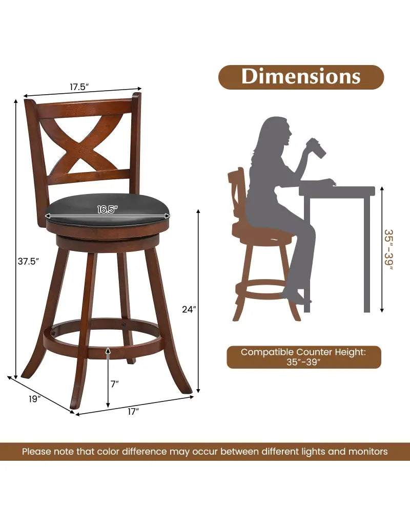 2 Pieces Classic Counter Height Swivel Bar Stool Set with X-shaped Open Back-M - Brown - Bar Stools