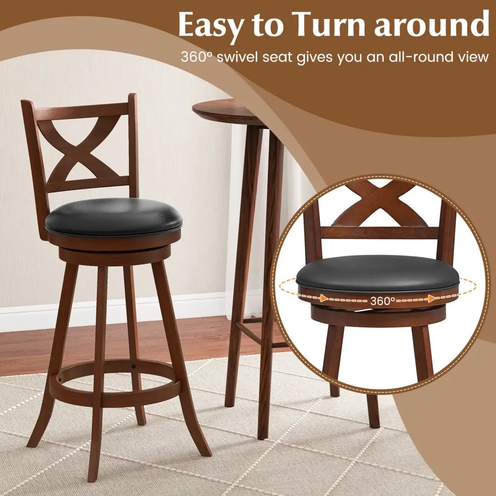 2 Pieces Classic Counter Height Swivel Bar Stool Set with X-shaped Open Back-L - Brown - Bar Stools