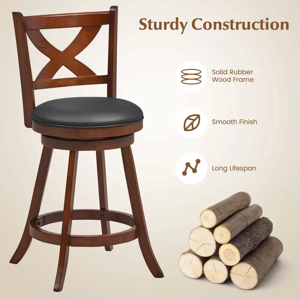 2 Pieces Classic Counter Height Swivel Bar Stool Set with X-shaped Open Back-M - Brown - Bar Stools