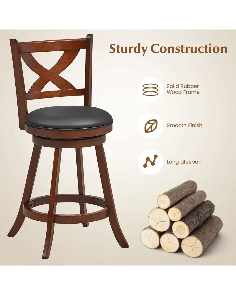2 Pieces Classic Counter Height Swivel Bar Stool Set with X-shaped Open Back-M - Brown - Bar Stools