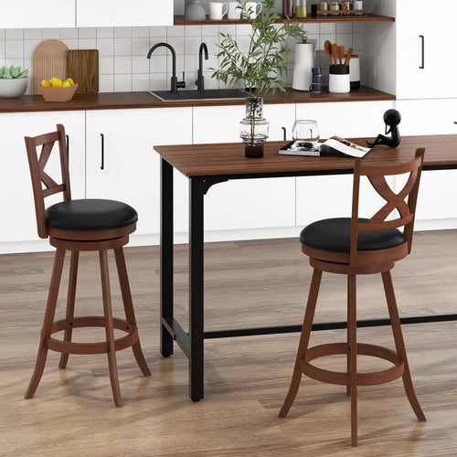 2 Pieces Classic Counter Height Swivel Bar Stool Set with X-shaped Open Back-L - Brown - Bar Stools