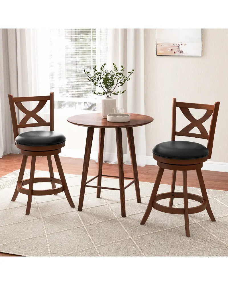 2 Pieces Classic Counter Height Swivel Bar Stool Set with X-shaped Open Back-M - Brown - Bar Stools