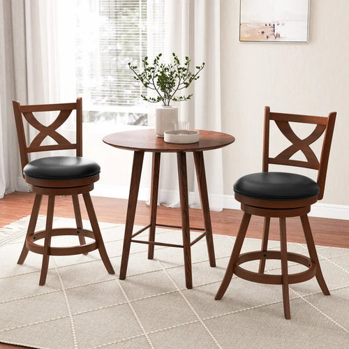 2 Pieces Classic Counter Height Swivel Bar Stool Set with X-shaped Open Back-M - Brown - Bar Stools