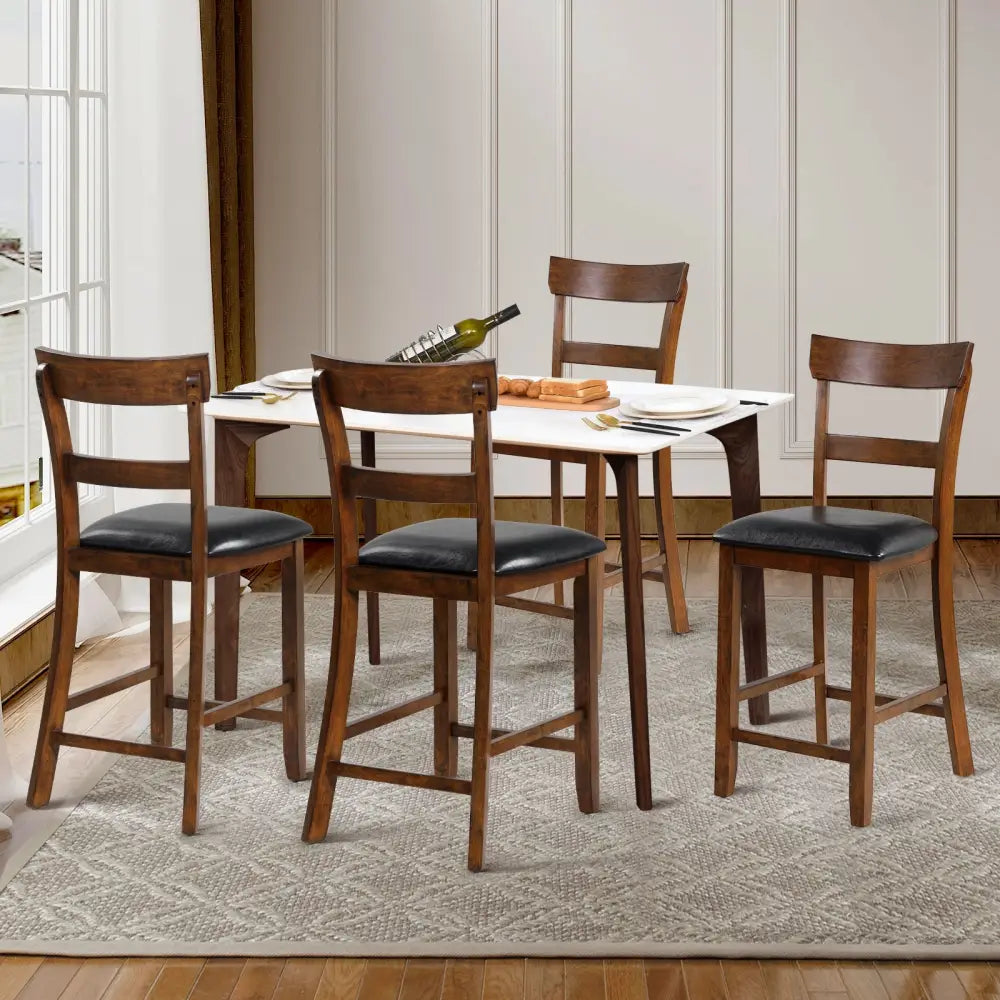 2 Pieces Counter Height Chair Set with Leather Seat and Rubber Wood Legs - Brown - Bar Stools