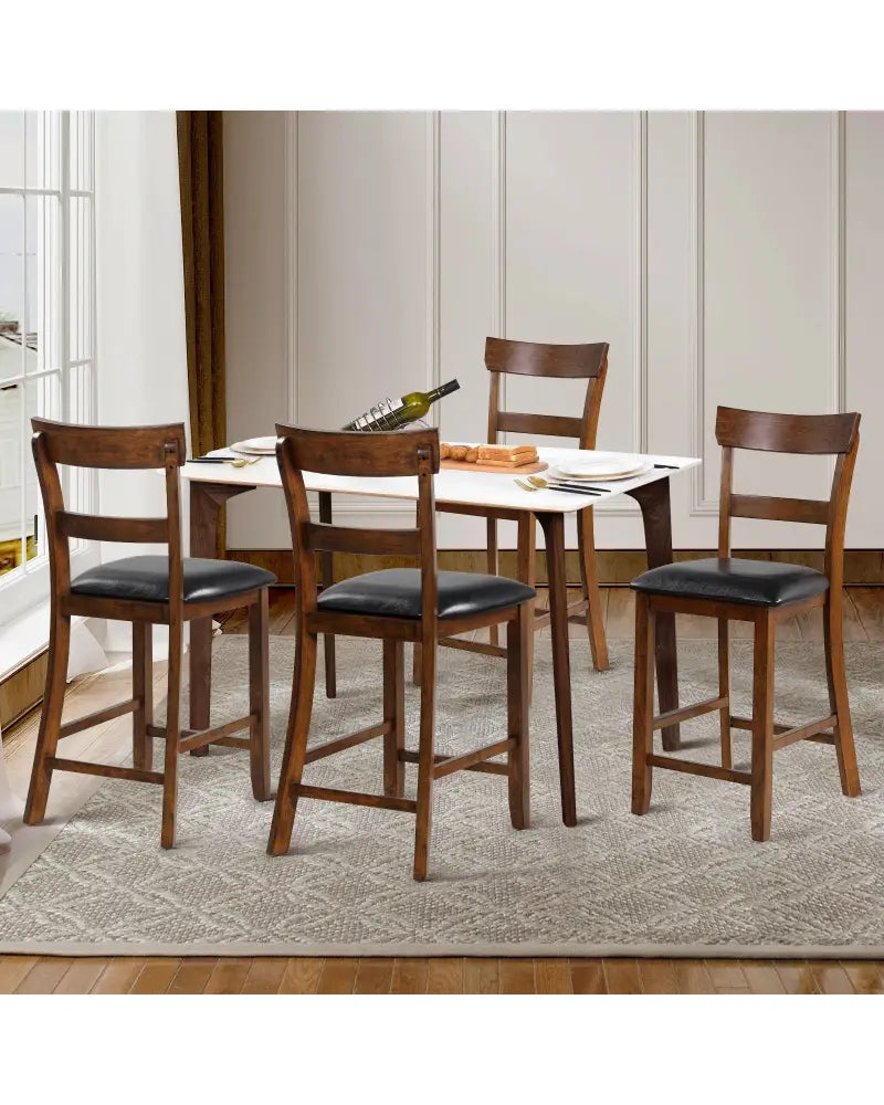 2 Pieces Counter Height Chair Set with Leather Seat and Rubber Wood Legs - Brown - Bar Stools