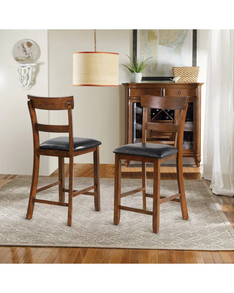 2 Pieces Counter Height Chair Set with Leather Seat and Rubber Wood Legs - Brown - Bar Stools
