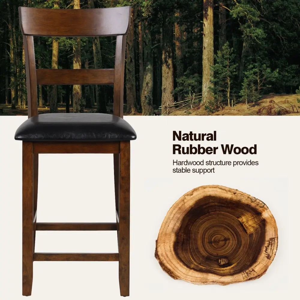 2 Pieces Counter Height Chair Set with Leather Seat and Rubber Wood Legs - Brown - Bar Stools