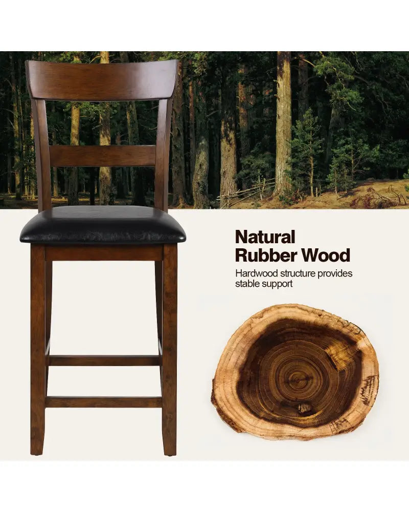 2 Pieces Counter Height Chair Set with Leather Seat and Rubber Wood Legs - Brown - Bar Stools