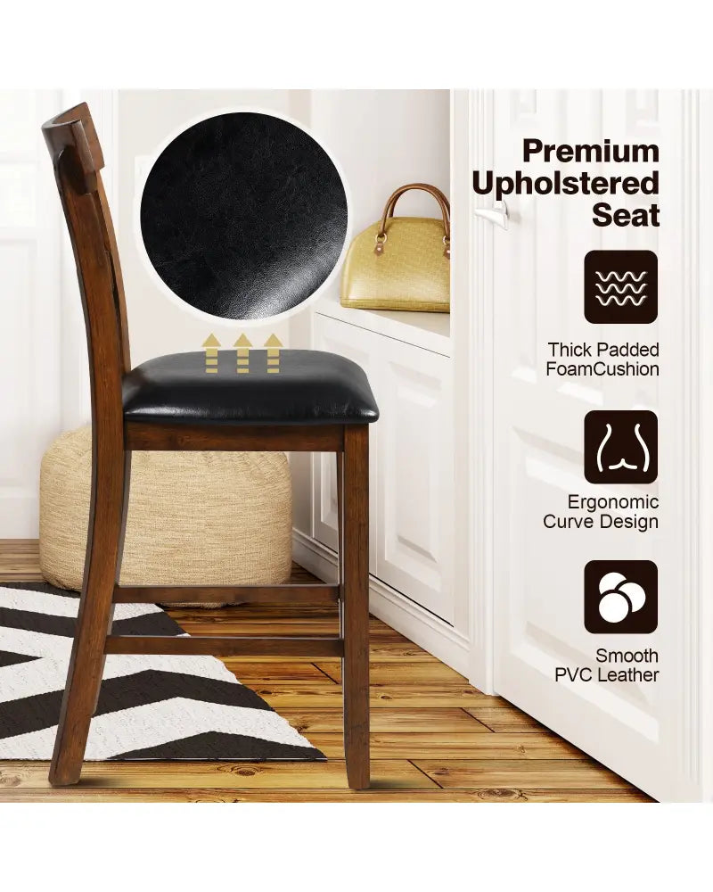 2 Pieces Counter Height Chair Set with Leather Seat and Rubber Wood Legs - Brown - Bar Stools