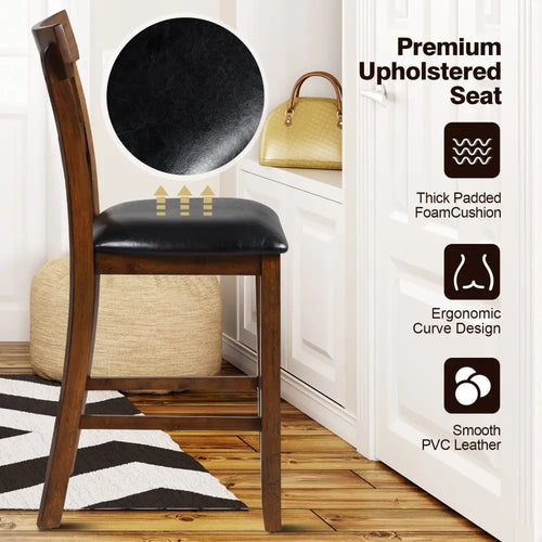 2 Pieces Counter Height Chair Set with Leather Seat and Rubber Wood Legs - Brown - Bar Stools