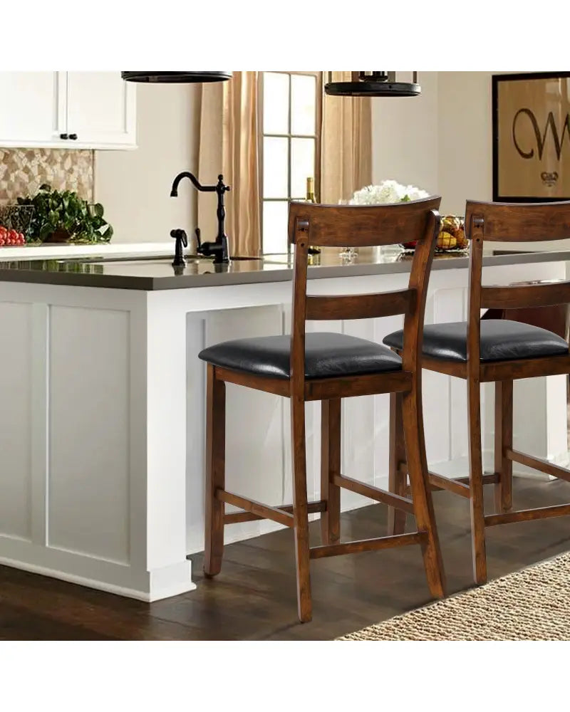 2 Pieces Counter Height Chair Set with Leather Seat and Rubber Wood Legs - Brown - Bar Stools