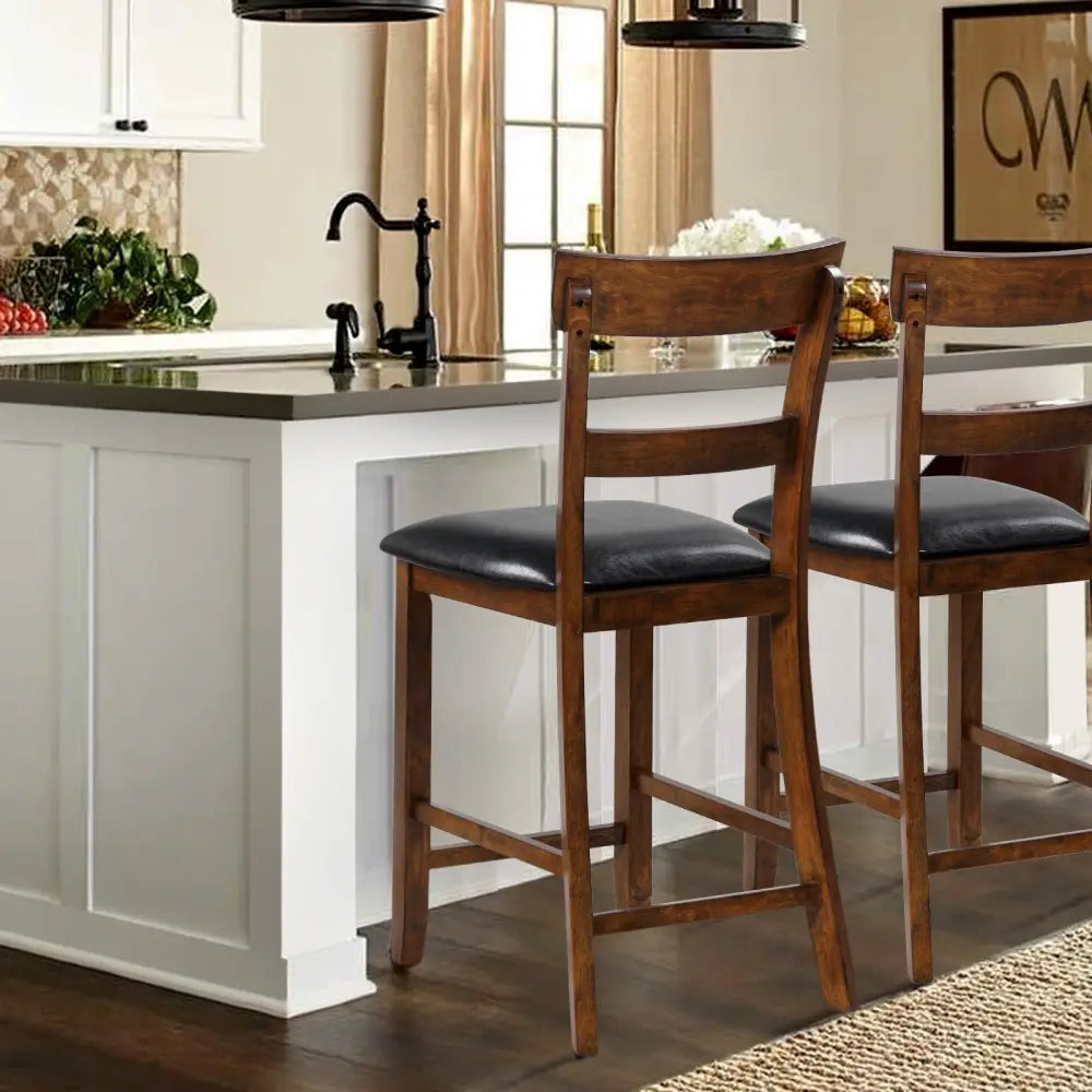 2 Pieces Counter Height Chair Set with Leather Seat and Rubber Wood Legs - Brown - Bar Stools