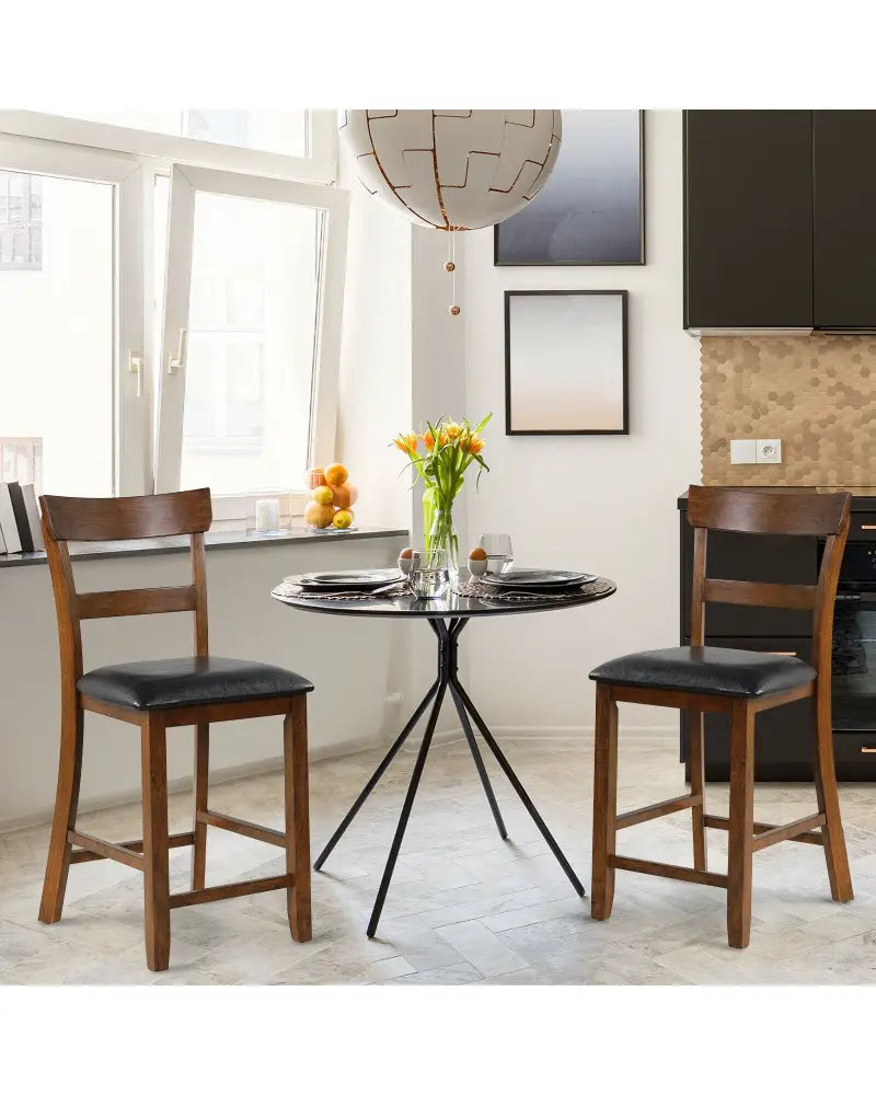 2 Pieces Counter Height Chair Set with Leather Seat and Rubber Wood Legs - Brown - Bar Stools