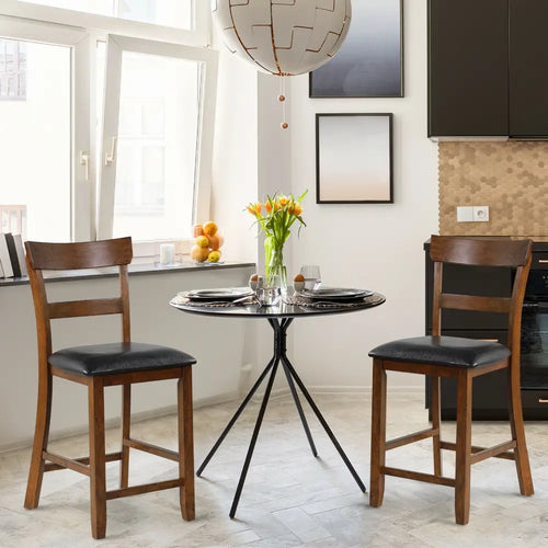 2 Pieces Counter Height Chair Set with Leather Seat and Rubber Wood Legs - Brown - Bar Stools