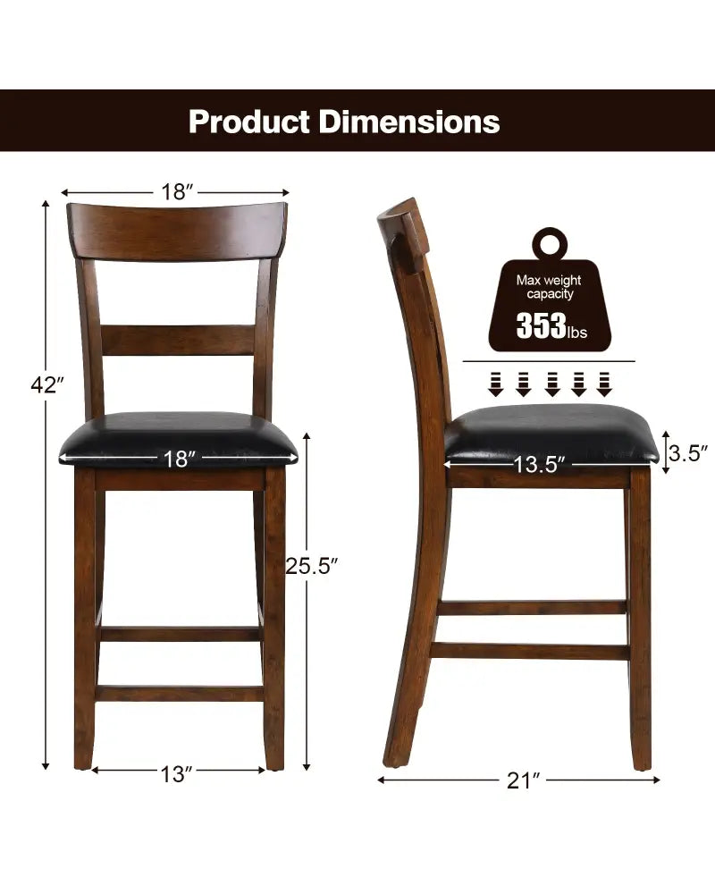 2 Pieces Counter Height Chair Set with Leather Seat and Rubber Wood Legs - Brown - Bar Stools