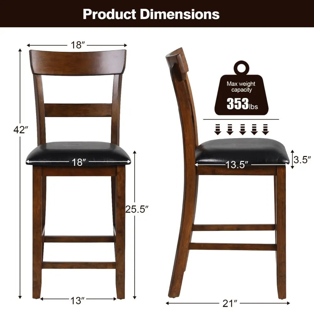 2 Pieces Counter Height Chair Set with Leather Seat and Rubber Wood Legs - Brown - Bar Stools