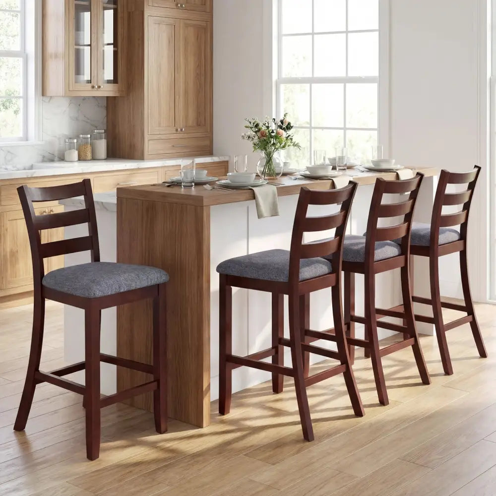 2 Pieces Counter Height Chairs with Fabric Seat and Rubber Wood Legs - Brown - Bar Stools
