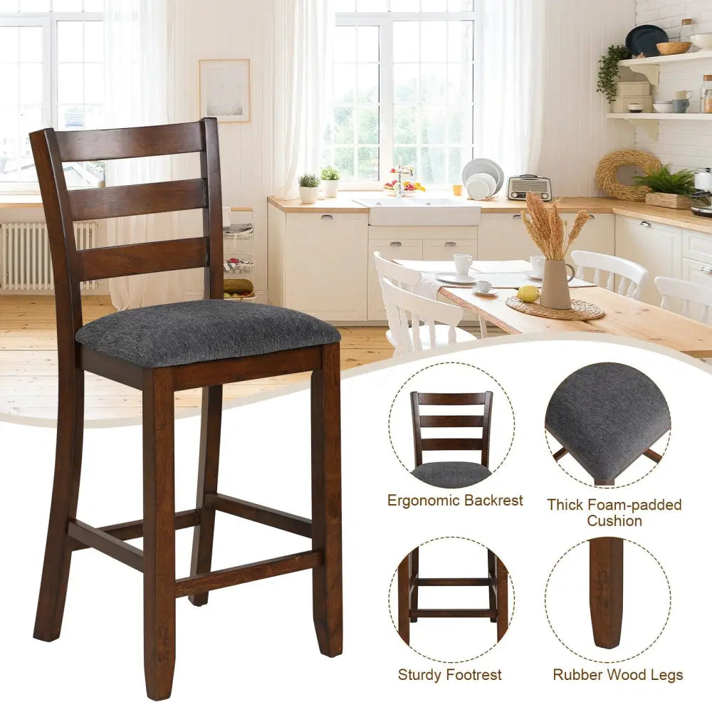 2 Pieces Counter Height Chairs with Fabric Seat and Rubber Wood Legs Costway