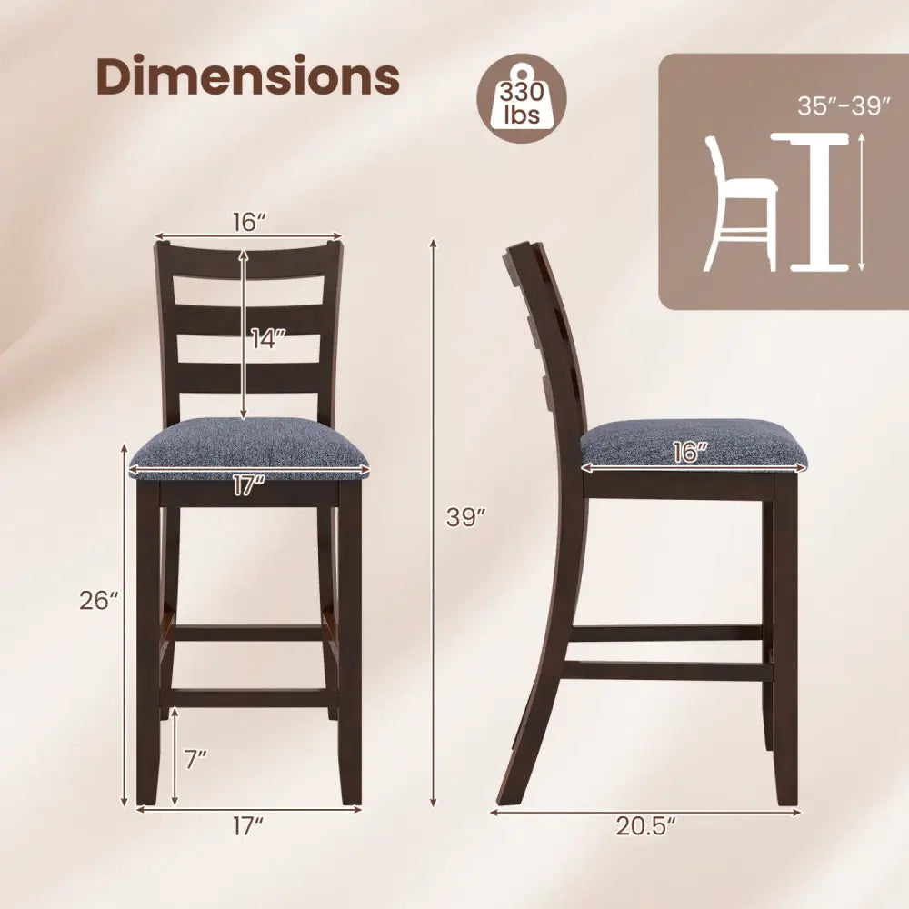 2 Pieces Counter Height Chairs with Fabric Seat and Rubber Wood Legs - Brown - Bar Stools