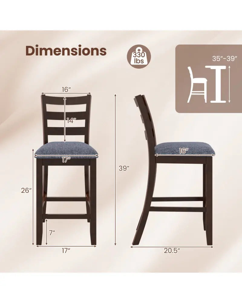 2 Pieces Counter Height Chairs with Fabric Seat and Rubber Wood Legs - Brown - Bar Stools