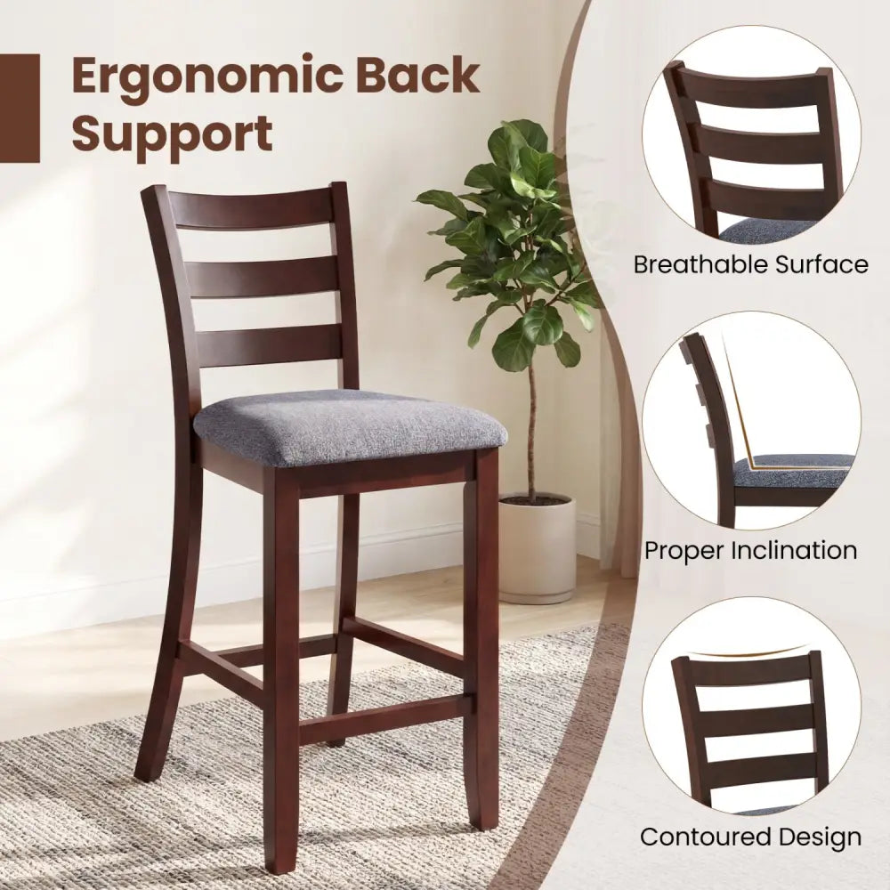 2 Pieces Counter Height Chairs with Fabric Seat and Rubber Wood Legs - Brown - Bar Stools