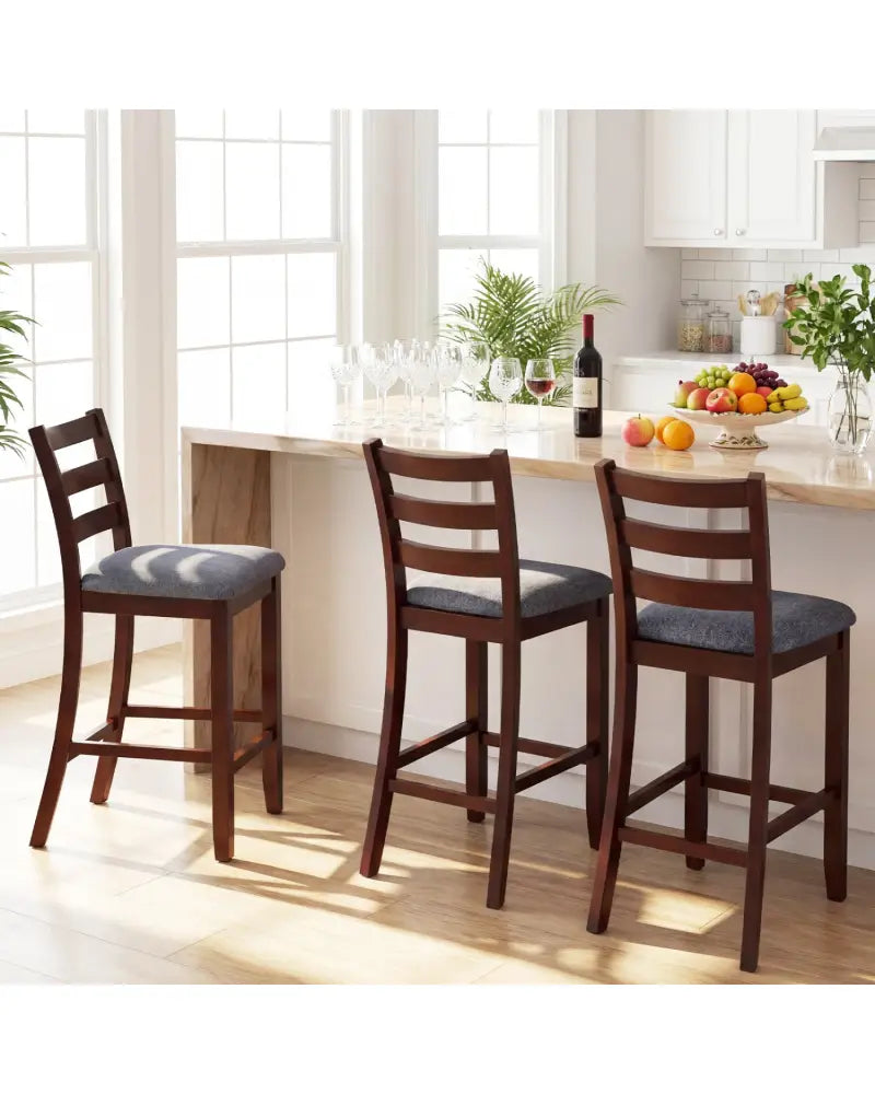 2 Pieces Counter Height Chairs with Fabric Seat and Rubber Wood Legs - Brown - Bar Stools