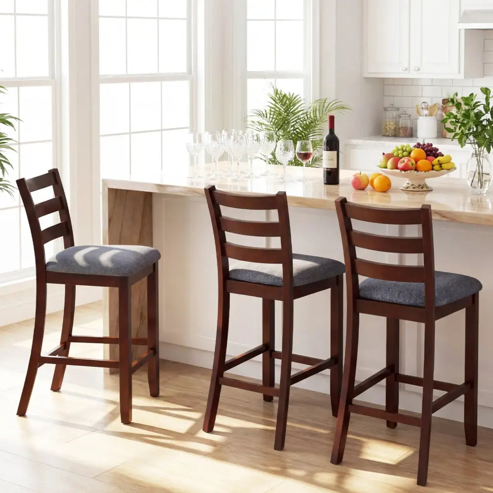 2 Pieces Counter Height Chairs with Fabric Seat and Rubber Wood Legs - Brown - Bar Stools