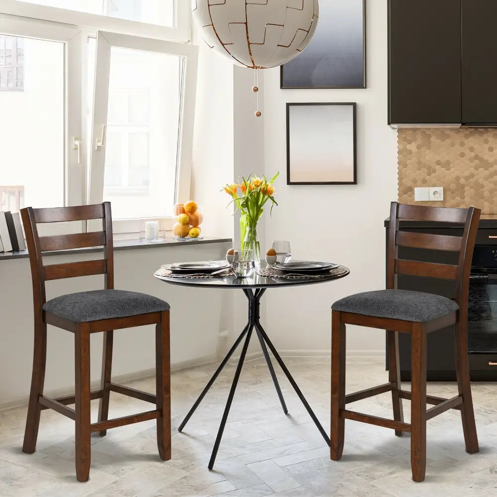 2 Pieces Counter Height Chairs with Fabric Seat and Rubber Wood Legs Costway