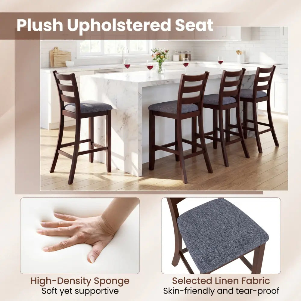 2 Pieces Counter Height Chairs with Fabric Seat and Rubber Wood Legs - Brown - Bar Stools