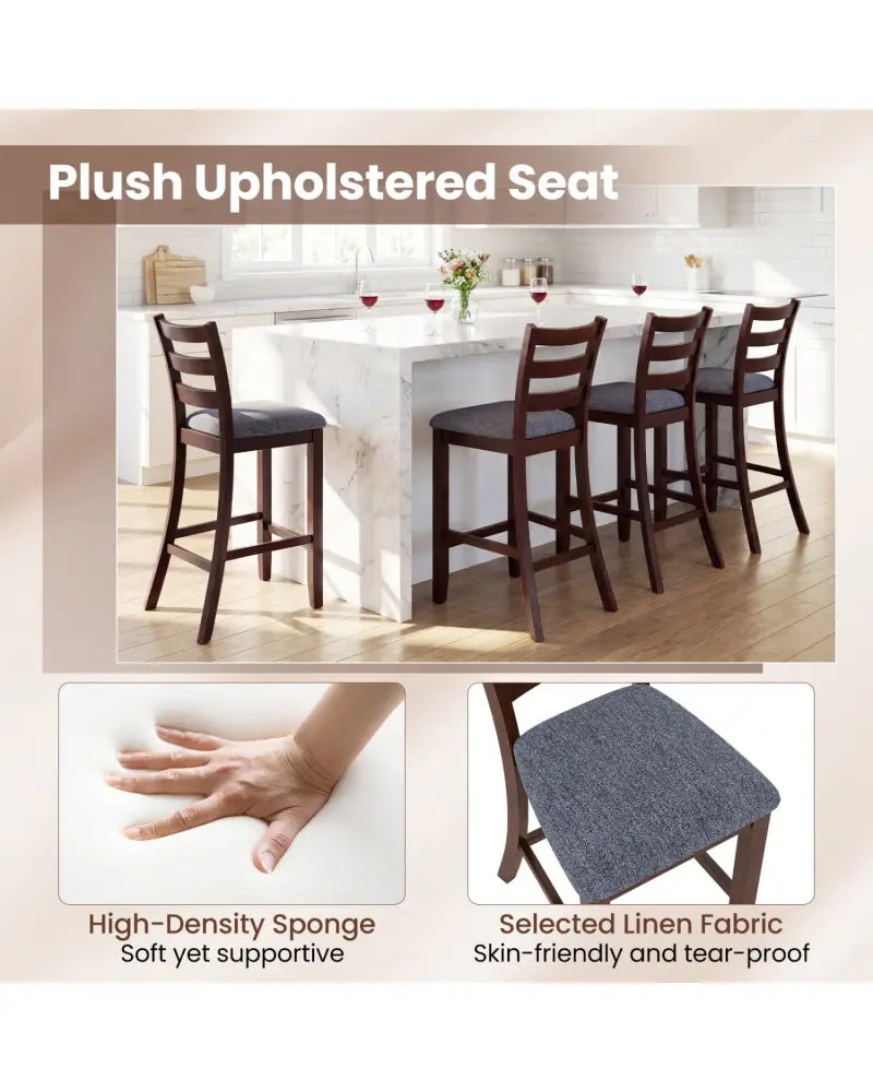 2 Pieces Counter Height Chairs with Fabric Seat and Rubber Wood Legs - Brown - Bar Stools