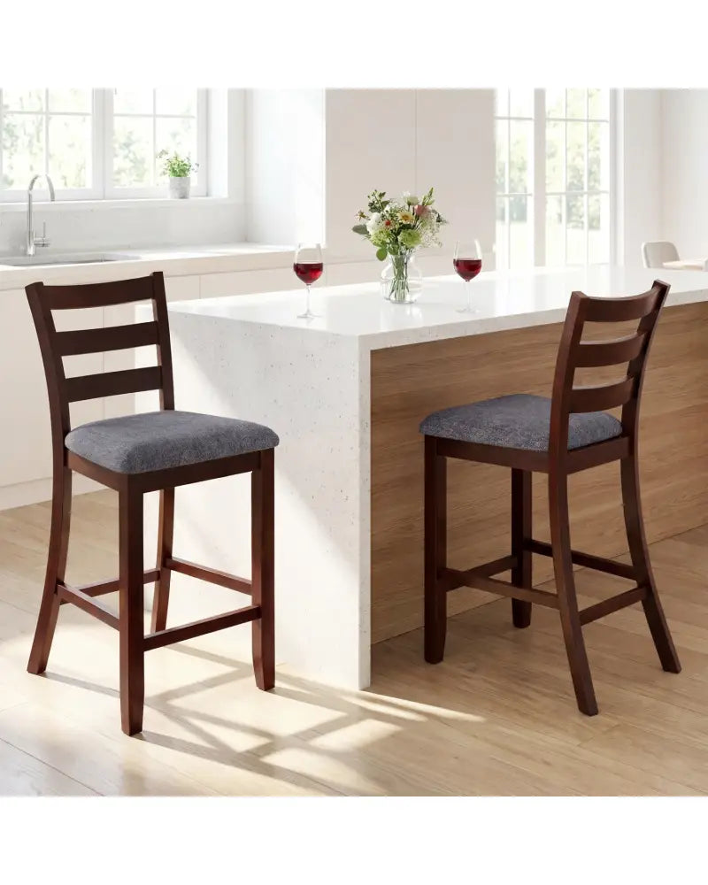 2 Pieces Counter Height Chairs with Fabric Seat and Rubber Wood Legs - Brown - Bar Stools