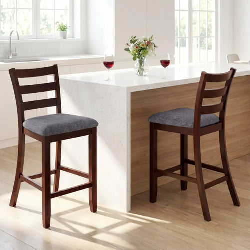 2 Pieces Counter Height Chairs with Fabric Seat and Rubber Wood Legs - Brown - Bar Stools