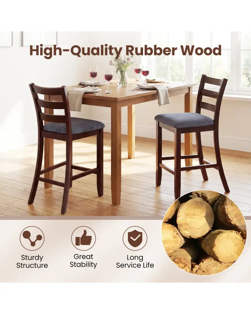 2 Pieces Counter Height Chairs with Fabric Seat and Rubber Wood Legs - Brown - Bar Stools