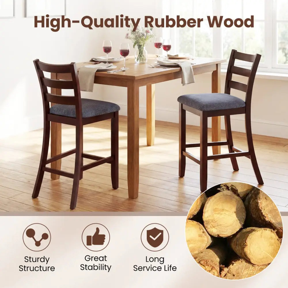 2 Pieces Counter Height Chairs with Fabric Seat and Rubber Wood Legs - Brown - Bar Stools