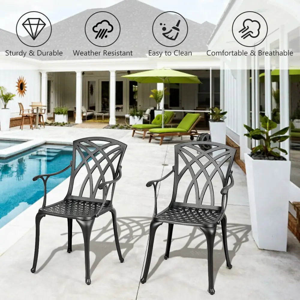 2 Pieces Durable Aluminum Dining Chairs Set with Armrests - Black - Patio Dining Chairs